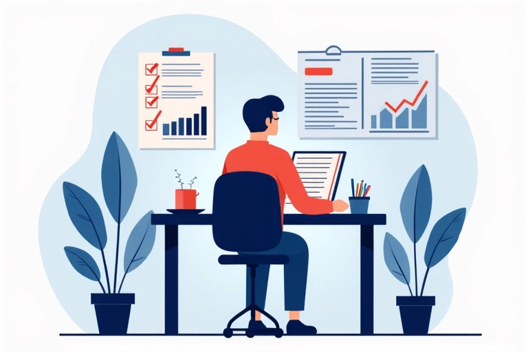 Illustration of a person reviewing documents and a checklist, symbolizing work history and requirements